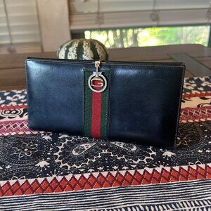 Gucci Black Leather Long Wallet Web Accent Foldover Clasp, Vintage and Rare